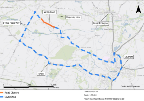 Map showing Welsh Road closure and diversion route