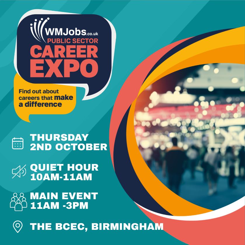 WMJobs Public Sector Career Expo poster with date, time and location and a picture of the venue