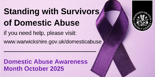 Domestic Abuse Awareness Month banner, Standing with survivors of domestic abuse, purple background