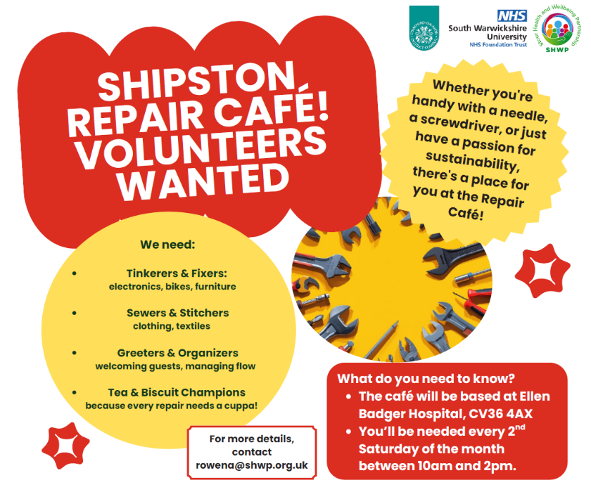 shipston repair cafe social media post asking for volunteers, red and yellow boxes to say where the 
