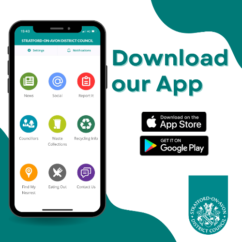 Stratford-on-Avon District Council's mobile app, homepage of the app on a mobile phone