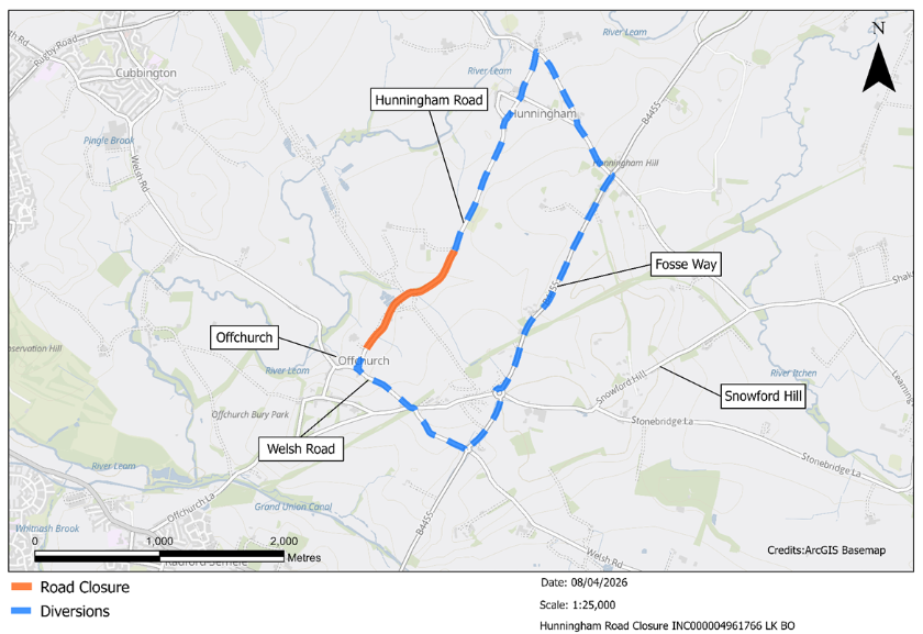hunningham road diversion via fosse way to snowford hill map