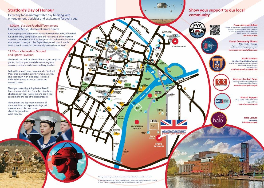 Poster with a detailed map of Stratford-upon-Avon highlighting Armed Forces Day event locations, sur